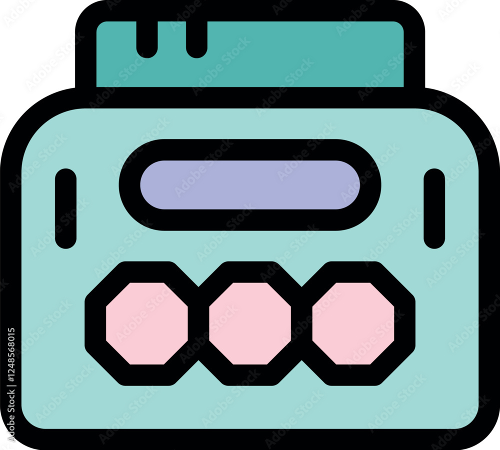 Poster retro portable cassette player with rounded buttons, progress bar, and cassette inserted, evoking no