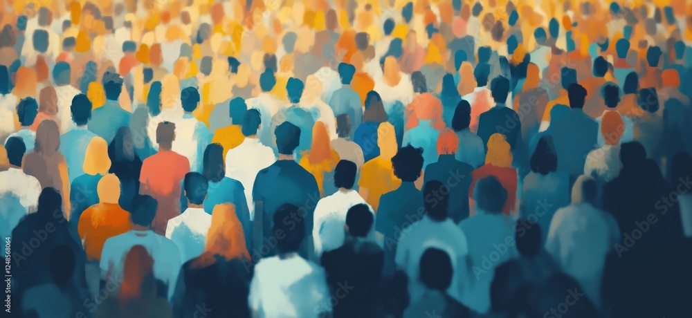 Poster diverse crowd of people in vibrant colors, abstract representation of unity and community, blurred f