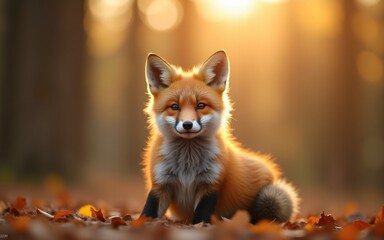 A lively fox sits amidst autumn leaves, illuminated by soft golden sunlight.