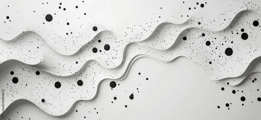 Poster abstract wavy pattern with black dots and speckles on white background, showcasing modern design ele