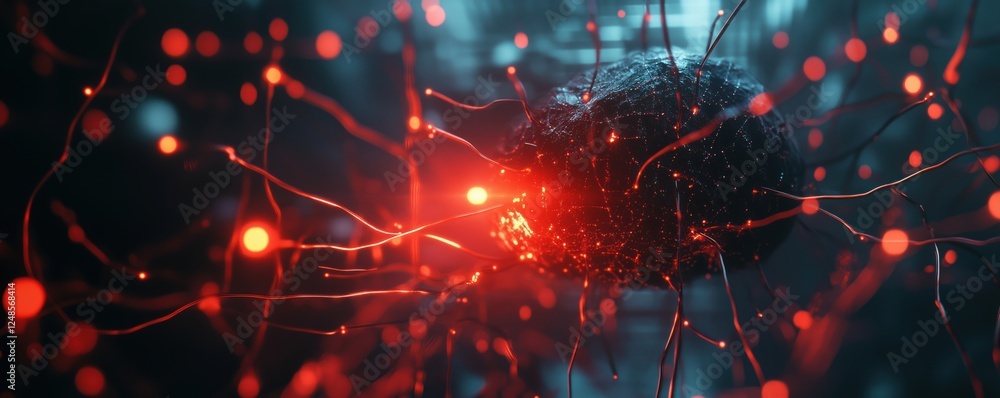 Poster neural network visualization with glowing red connections and nodes, depicting advanced technology a