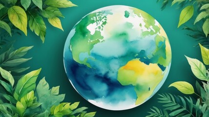 Earth globe surrounded by green leaves on a watercolor background, symbolizing eco-friendliness and environmental awareness.