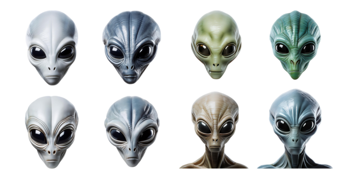 Diverse Alien Characters with Unique Features and Expressions, isolated on transparent background