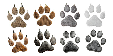 Fototapeta premium Variety of Animal Paw Prints in Different Colors and Textures, isolated on transparent background