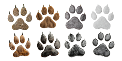 Variety of Animal Paw Prints in Different Colors and Textures, isolated on transparent background