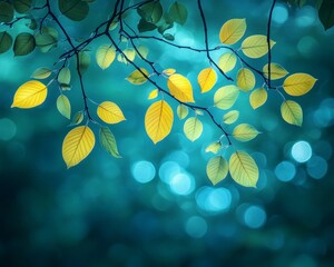 Backlit Spring Foliage, Vibrant Yellow Leaves on a Branch Against a Blue Bokeh Background