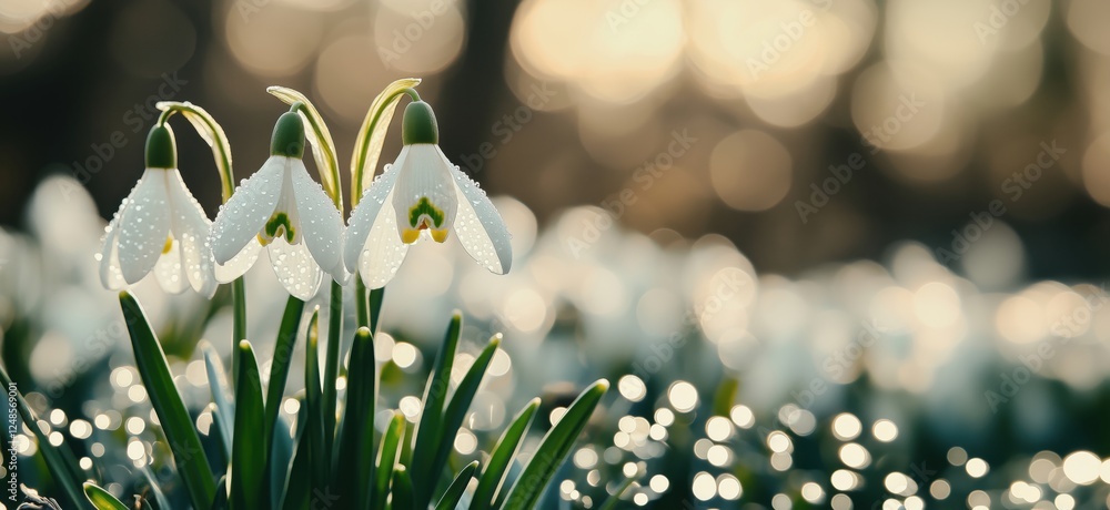Poster snowdrop flowers adorned with dew glistening in sunlight, creating a serene spring atmosphere with b