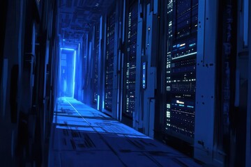 a futuristic data center corridor bathed in blue led light, featuring endless rows of sleek server racks with pulsing status lights, creating a cyberpunk atmosphere with dramatic shadows and depth