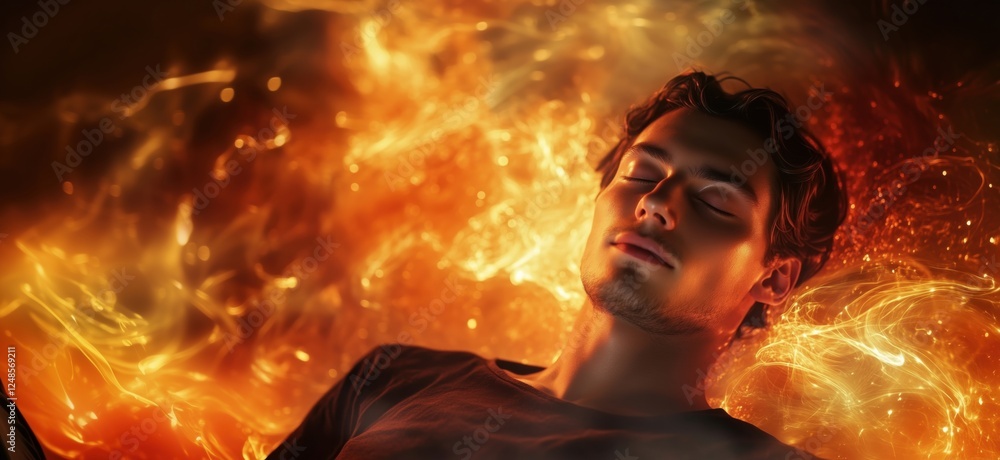 Aufkleber man in dreamlike state surrounded by fiery flames and ethereal light, capturing a moment of serenity