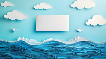 paper billboard floating above a layered paper ocean, with tiny paper waves and clouds in the distance 