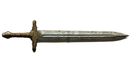 Medieval Sword: A gleaming medieval broadsword with intricate golden detailing on its hilt and a sharp, polished blade, symbolizing strength, power, and authority.  