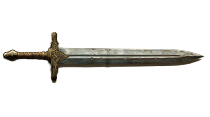 Medieval Sword: A gleaming medieval broadsword with intricate golden detailing on its hilt and a sharp, polished blade, symbolizing strength, power, and authority.  