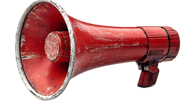 Vintage Red Megaphone: A weathered red megaphone, showing signs of age and use, sits angled against a plain background.