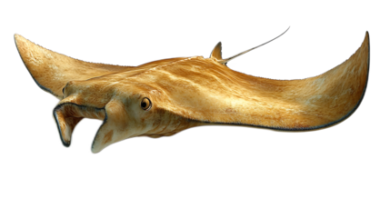 Elegant Stingray Gliding: A graceful stingray, with its broad, wing-like fins, glides effortlessly through the water, its smooth, golden-brown skin shimmering in the sunlight. Its large.