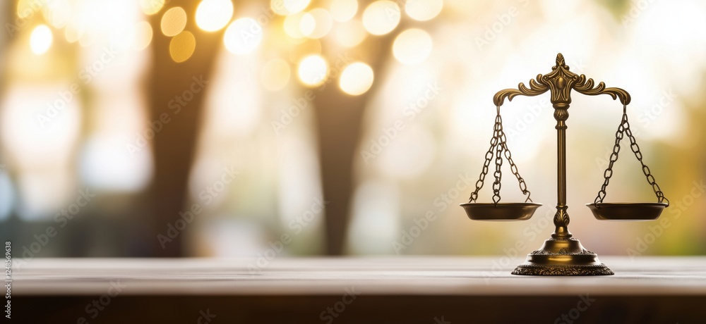 Poster symbol of justice: elegant scales of justice on table with blurred background of nature and soft bok
