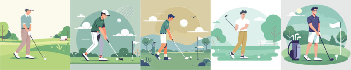 vector set of a young man playing golf