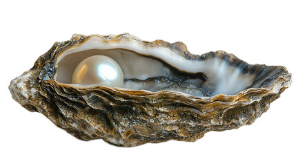 Pearl of Elegance: A lustrous, white pearl shimmers within the open shell of an oyster, its smooth surface catching the light. The pearl, a symbol of purity and beauty.