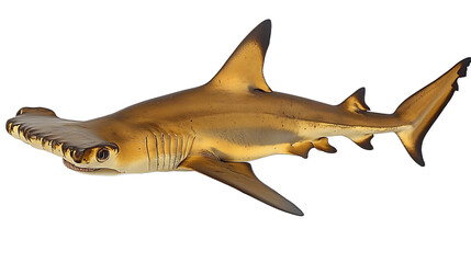 Fototapeta premium Hammerhead Shark Close-up: A majestic hammerhead shark with its distinctive flattened head and rows of teeth is isolated against a clean, white background. Its sleek.