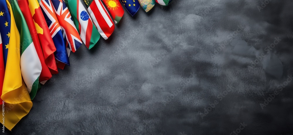 Poster international flags displayed on dark background representing global unity and diversity, copy space