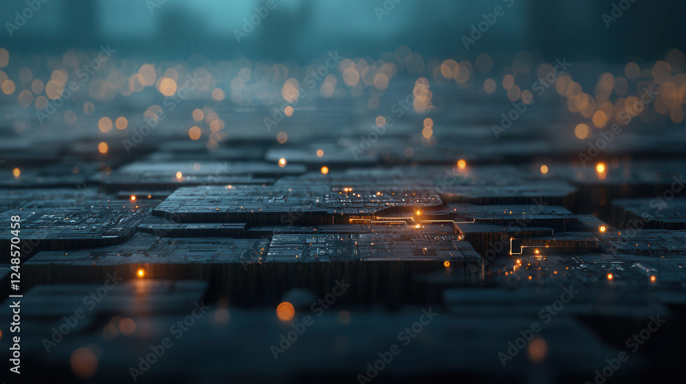Poster conceptual design of edge computing with illuminated circuits and textures, showcasing futuristic te