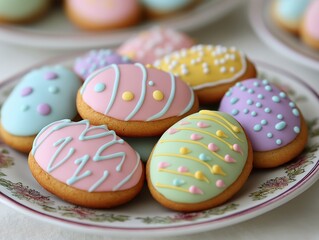 Fototapeta premium Easter egg-shaped cookies with colorful icing arranged on a spring-themed plate