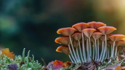 Fototapeta premium Close-up of a mushroom glowing under sunlight in an autumn forest, with vibrant fall colors.