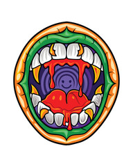 A monstrous, fanged maw rips open in the middle of a desolate landscape, revealing terrifying teeth and a dark abyss within.