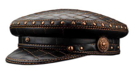 Black Leather Cap with Studs: A stylish black leather cap featuring a quilted design, copper-tone studs, and stitching detail.  The cap showcases a unique blend of classic and modern design elements.