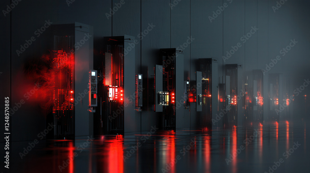 Poster futuristic data center with glowing red lights and sleek server racks creates mysterious atmosphere