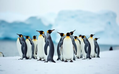 Fototapeta premium A group of elegant emperor penguins stands together on the snowy terrain, surrounded by icy blue formations.