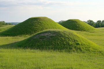 Obraz premium Three Historic Burial Mounds: Ancient Barrows Revealing Pagan Myths from a Prehistoric Era