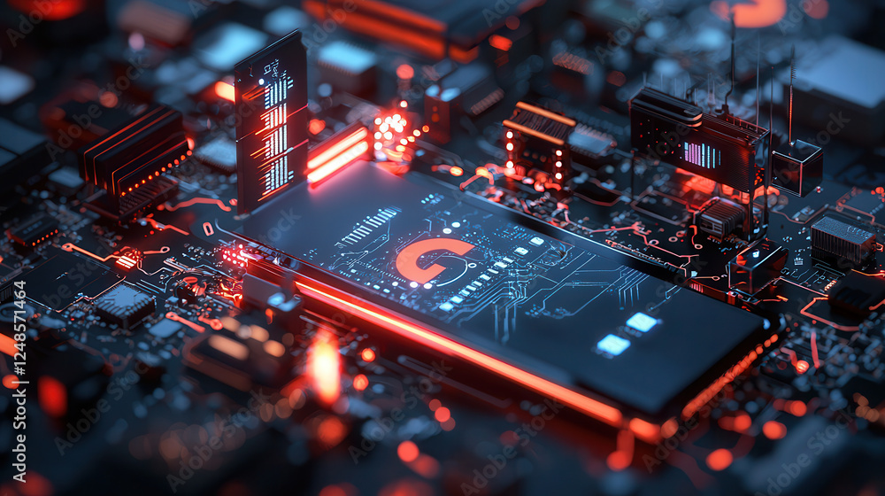 Poster futuristic visualization of circuit board with glowing components, showcasing advanced technology an