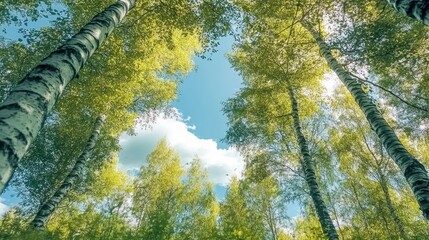 Fototapeta premium Realistic summer landscape with fresh green birch trees under a blue sky, panoramic forest background.