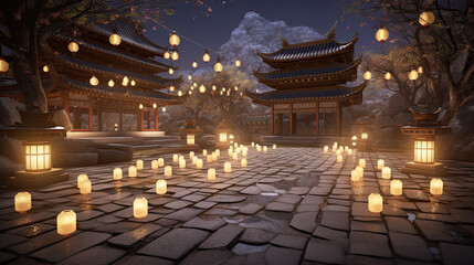 Obraz premium Serene Winter Night at a Snow Covered Temple Garden with Glowing Lanterns