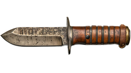 Vintage Military Knife: A close-up of a vintage military knife, its worn blade and wooden handle showcasing its history of service. The knife is sharp and ready, embodying resilience and strength.  