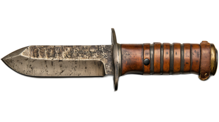 Vintage Military Knife: A close-up of a vintage military knife, its worn blade and wooden handle showcasing its history of service. The knife is sharp and ready, embodying resilience and strength.  