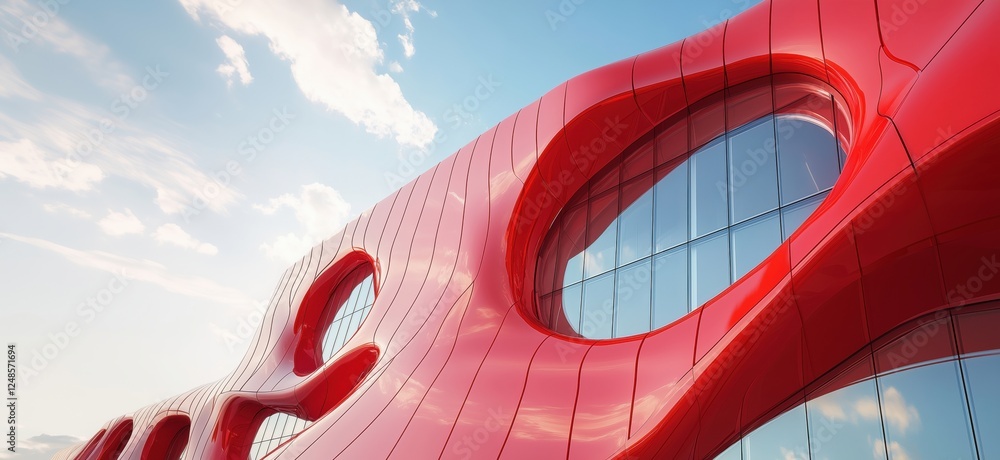 Poster modern architectural design featuring vibrant red facade with circular windows, copy space for text