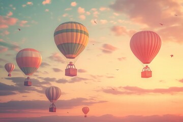 Obraz premium Hot air balloons in a pastel sky during sunset, creating a whimsical and dreamy atmosphere with soft colors