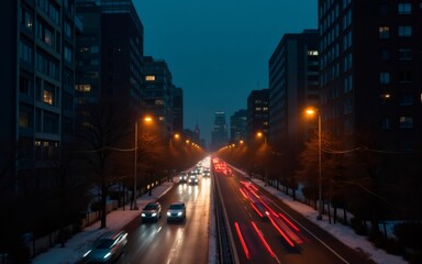 Obraz premium A bustling city street at dusk, illuminated by streetlights and car headlights reflecting off wet asphalt.