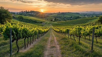 Fototapeta premium Sunset Over Levizzano Rangone Vineyards: A Scenic Landscape in Emilia Romagna, Italy