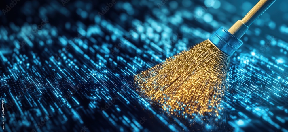 Aufkleber digital broom sweeping away data particles, creating a clean virtual space, copy space for text