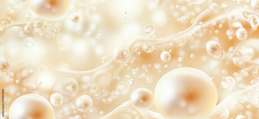 Poster bubbles and pearls in soft creamy background with light reflections and fluid motion, copy space for