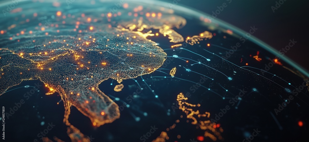 Poster digital representation of asia with illuminated network connections and geographical features, copy 
