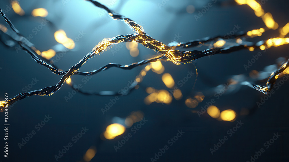 Poster abstract digital artwork of glowing wires with lights, creating mesmerizing effect in dark backgroun