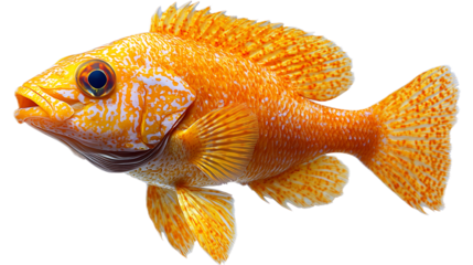 Golden Reef Fish: A vibrant orange reef fish with intricate patterns and a wide-eyed stare, swimming gracefully in the turquoise waters of a coral reef. Its scales shimmer with a thousand hues.