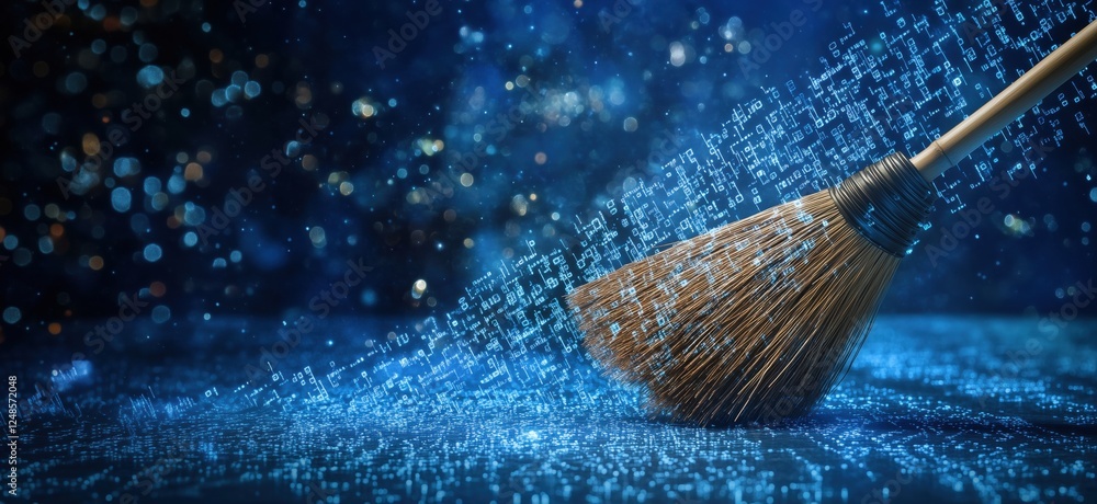 Poster digital broom sweeping away data particles, creating a clean virtual space, copy space for text