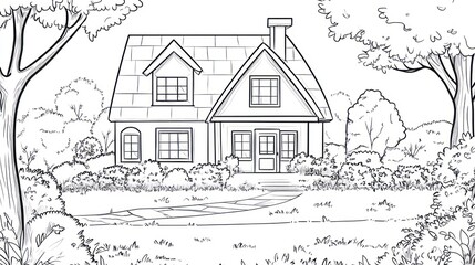 Suburban house, tree-lined street, peaceful garden, coloring page