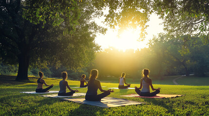 Group of people doing yoga in the park at sunrise. Concept of meditation and sport for healthy lifestyle, sport in nature. Yoga in the park, women doing exercises on the grass