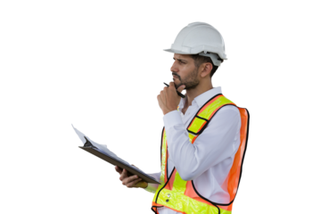 Portrait of male engineer construction working on transparent background. Male construction builder standing on transparent background