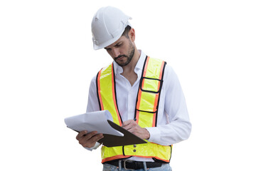 Portrait of male engineer construction working on transparent background. Male construction builder...